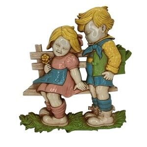 Vintage 1977 Homco Plastic Boy And Girl On Park Bench Wall Hanging, Made In USA